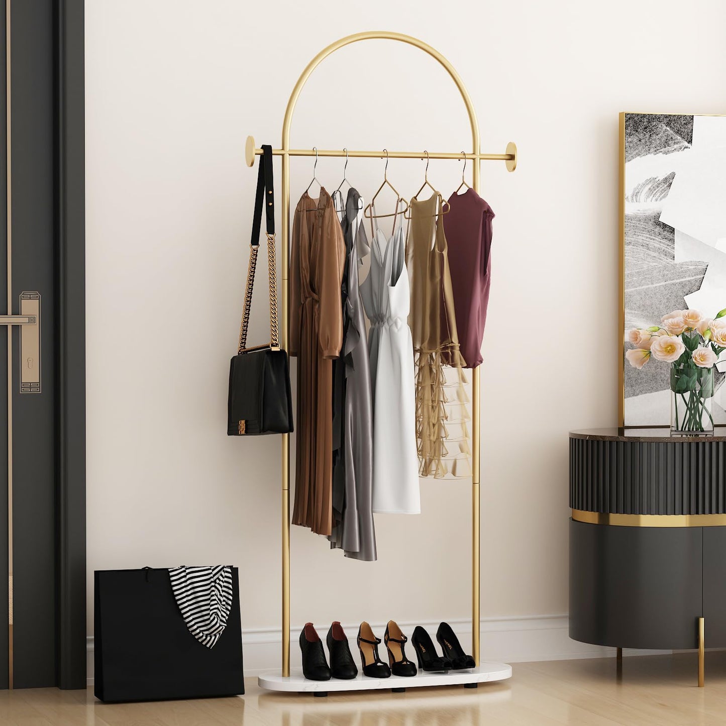 KADIGANG Gold Clothing Rack, Modern Clothes Rack with Shelf, Heavy Duty Freestanding Coat Rack, Metal Coat Hanger Stand with Hooks for Boutique Office