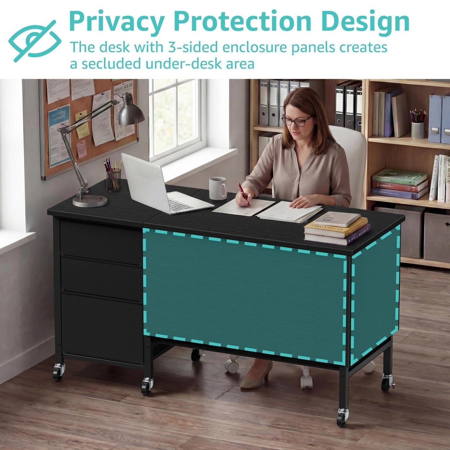 Rolling Teacher Desk with File Drawer & Privacy Panel, 47" Mobile Computer Desk with 3 Storage Drawers on Wheels, Modern Office Desks with File Cabinet for Classroom & Home Office, Black