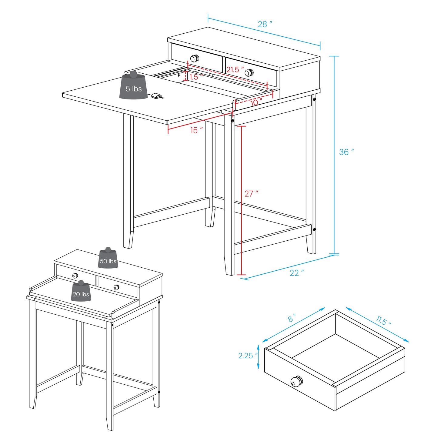 Solid Wood Home Office Computer Desk with Drawers, Pull-Out Tray, and Concealed Compartment