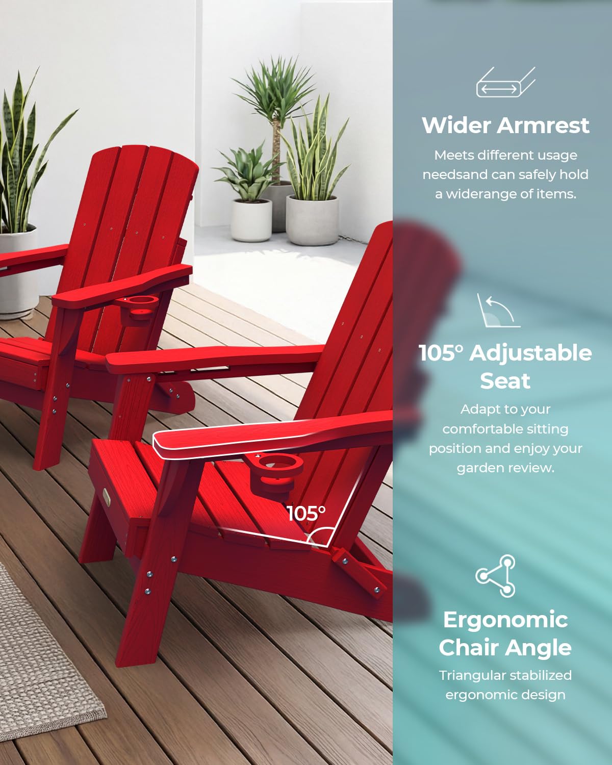 SUUNYN Folding Adirondack Chair, HDPE Adirondack Chairs with 2 Cup Holder, Plastic All-Weather Fire Pit Chairs, Outdoor Lawn Chair for Patio Garden (Red)