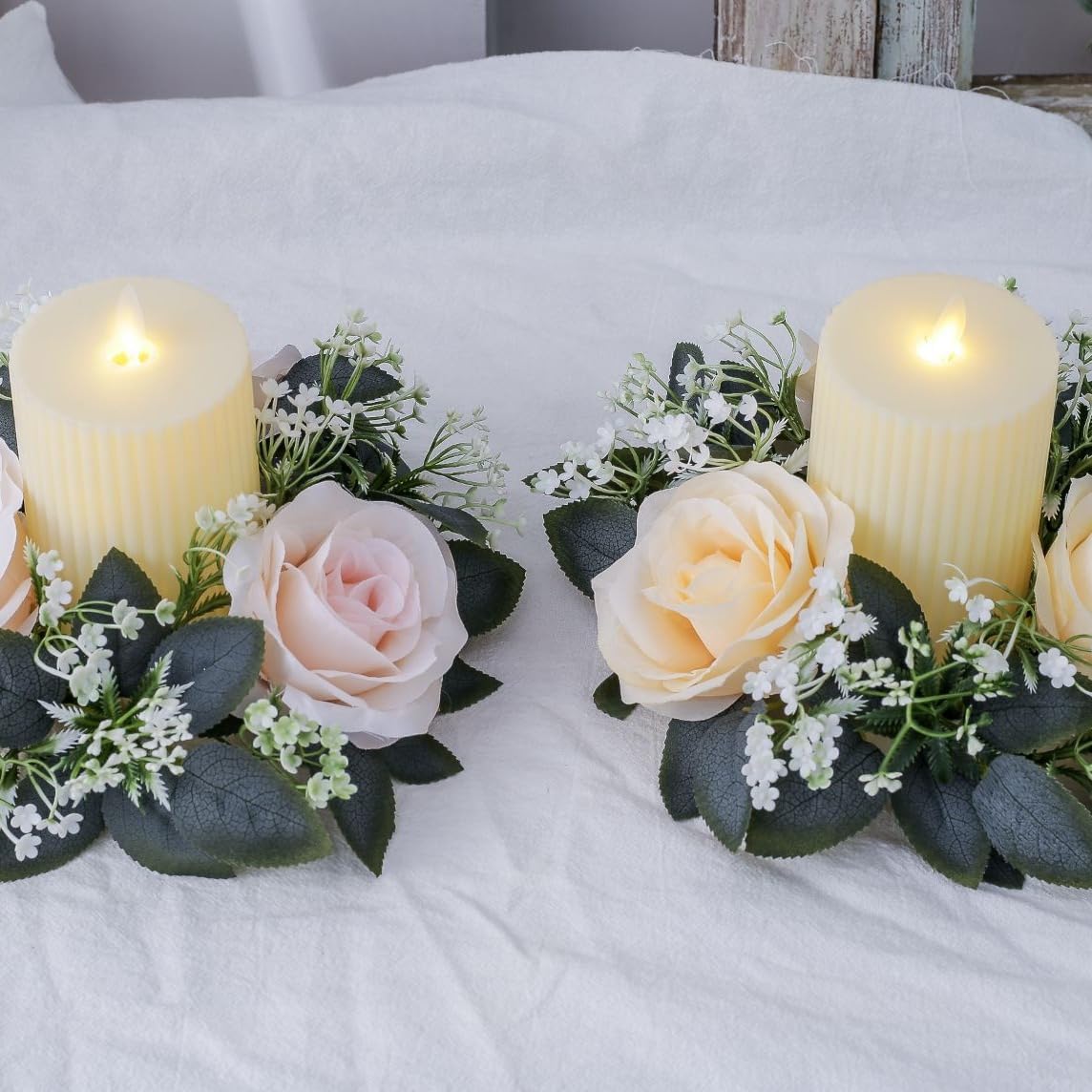 2 Pack Artificial Rose Candle Rings, Christmas Floral Wreaths with Eucalyptus Leaves Mini Wreaths Candle Rings for Pillar Candle Lantern Wedding Centerpiece Party Home Fall Table Decor (Champagne)