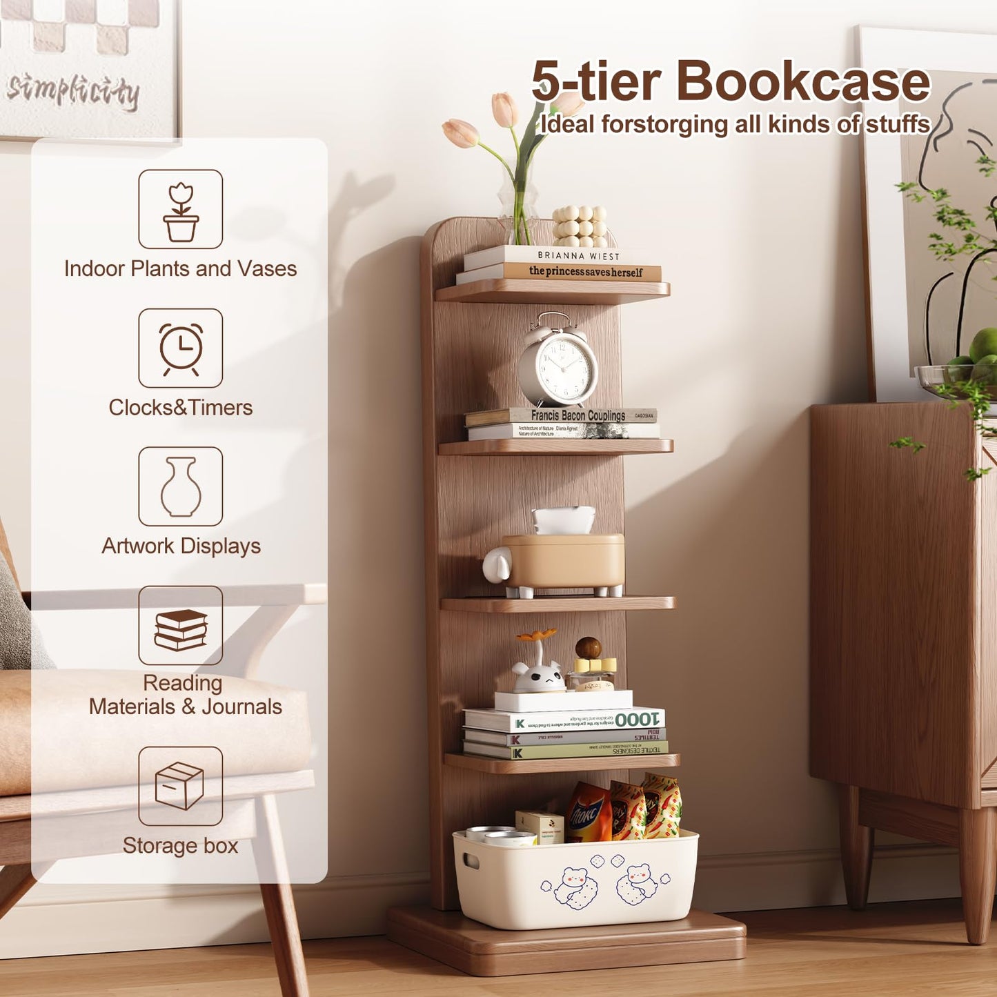 WoodsWhisper Solid Wood 5-Tier Narrow Bookshelf Small Spaces Open Storage
