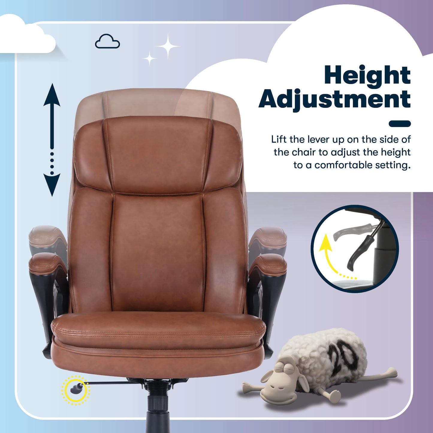 Serta Fairbanks Big & Tall Executive Office Chair, Ergonomic High-Back with Lumbar Support, Semi-Plush Seat Cushion and Body Pillows, Padded Armrests, Nylon Swivel Base, Bonded Leather, Cognac Brown