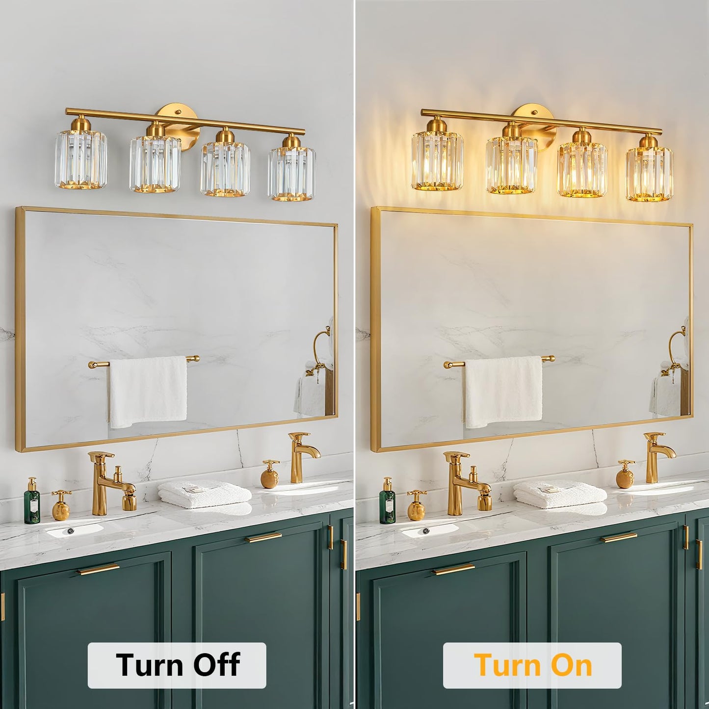 FDPBY Modern 4 Light Crystal Vanity Light, Brushed Gold Vertical Bathroom Light Fixture Over Mirror for Dressing Table Sink, Compatible with Dimmable Bulbs (Bulbs Not Included)