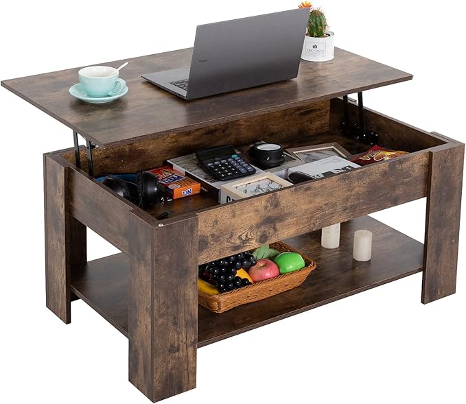 FDW Lift Top Coffee Table with Hidden Compartment and Storage Shelf Wooden Lift
