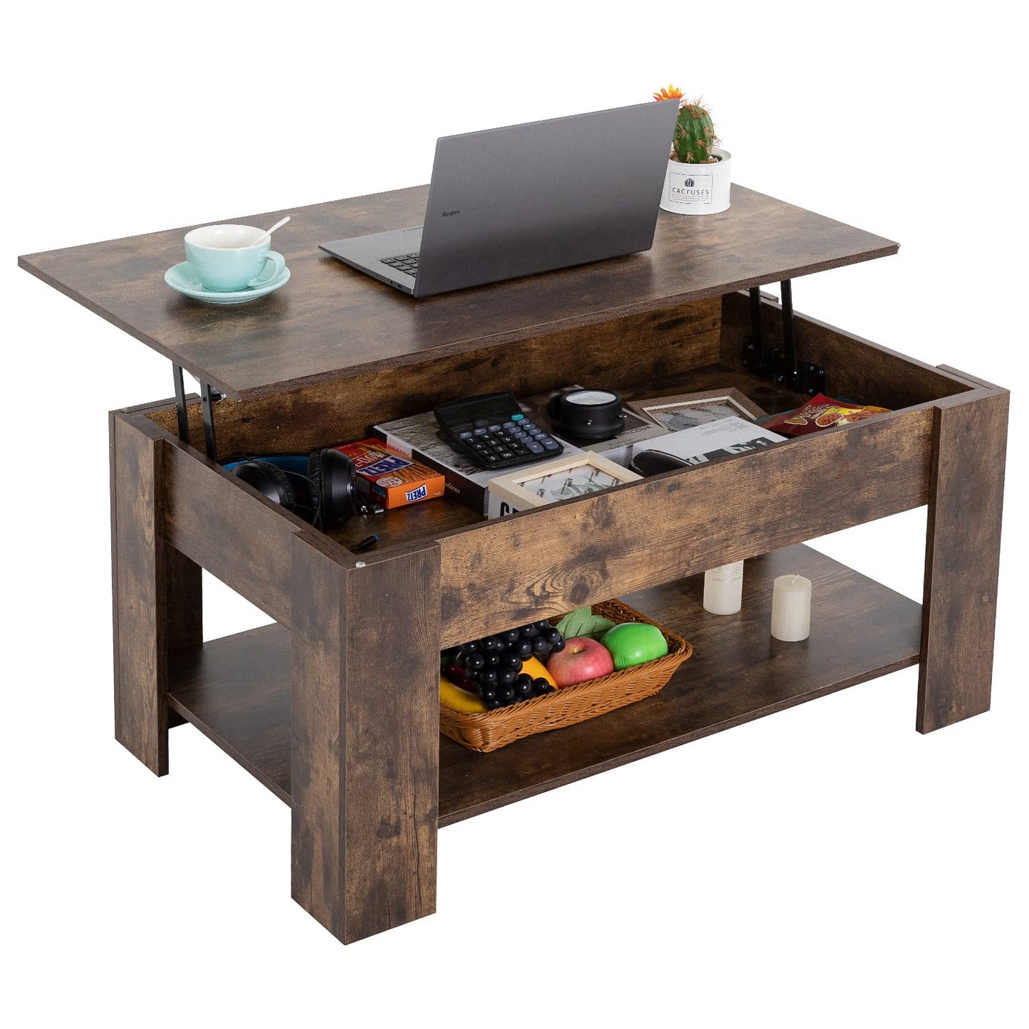 FDW Lift Top Coffee Table with Hidden Compartment and Storage Shelf Wooden Lift Tabletop for Home Living Room Reception Room Office,39.4",Brown