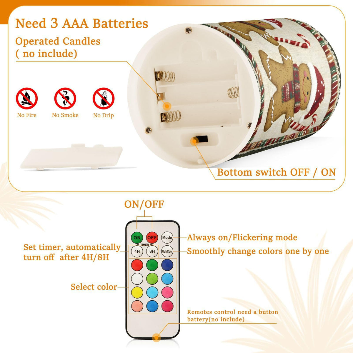 ALAZA Christmas Gingerbread Candy Cane03 Flickering Flameless Candles Battery Operated with Remote Timer,Tea Light Candles LED Pillar Votive Candles Set of 2 for Outdoor Indoor Decorations
