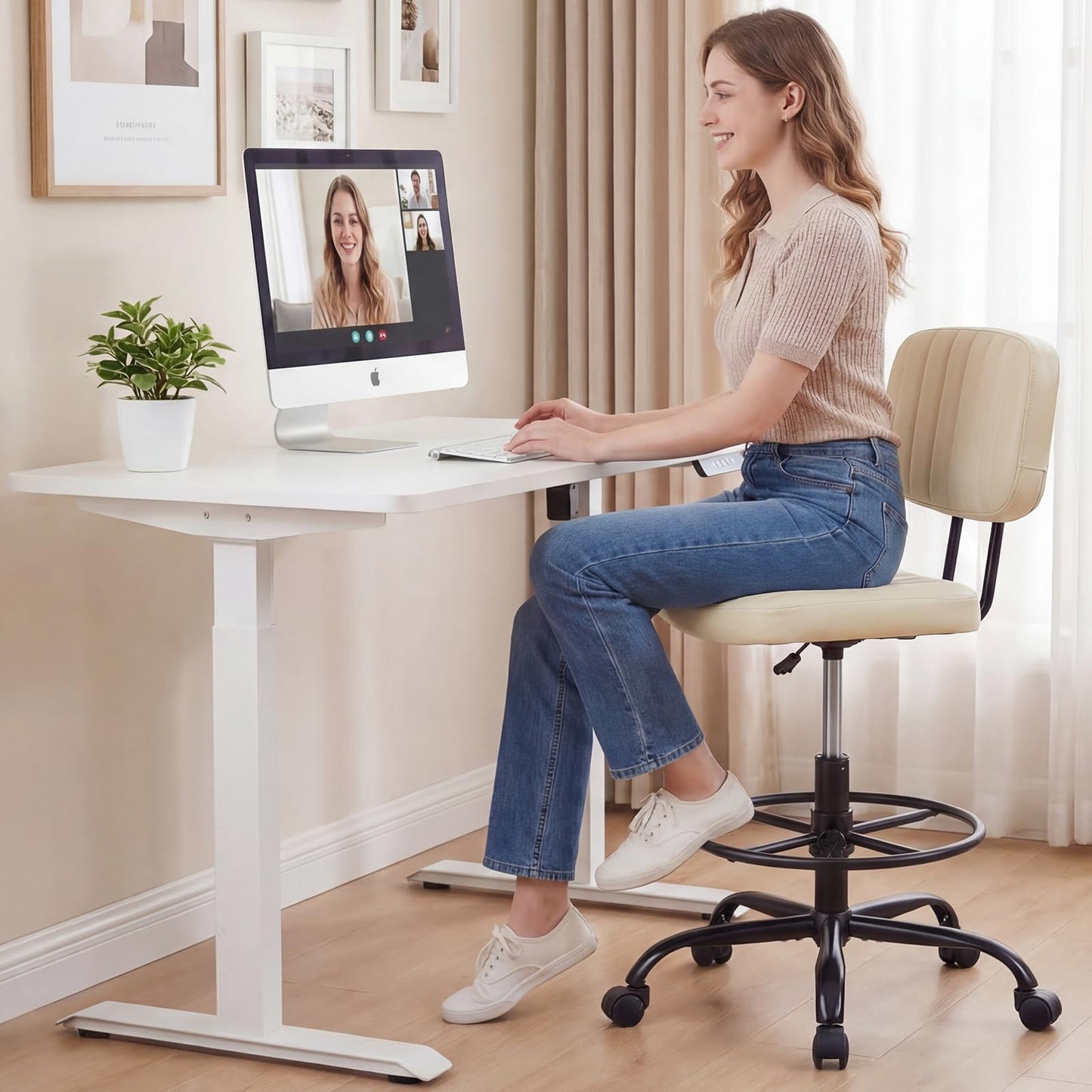 DUMOS Armless Drafting Chair, Low Back Office Seat with Adjustable Footrest Ring for Standing Desk, Ergonomic PU Leather Office Seating, Swivel Rolling High Stool for Studio, Lab, Counter, Beige