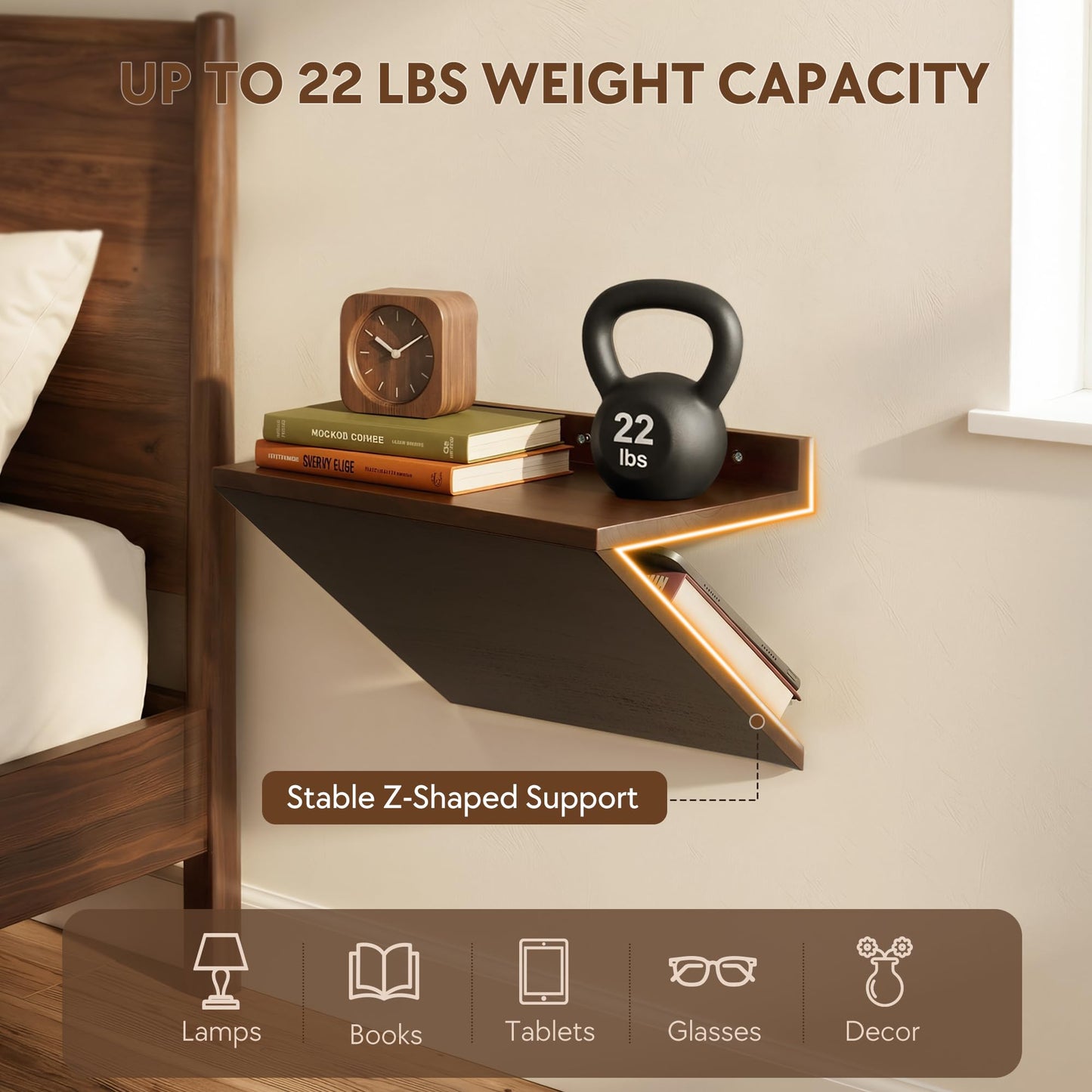 Petrala Floating Nightstands Set of 2, Wall Mounted Night Stand Walnut Wooden Bedside Shelf Mid Century Modern Small Hanging Side Table Narrow Nightstand Shelves Organizer for Bedroom Small Spaces