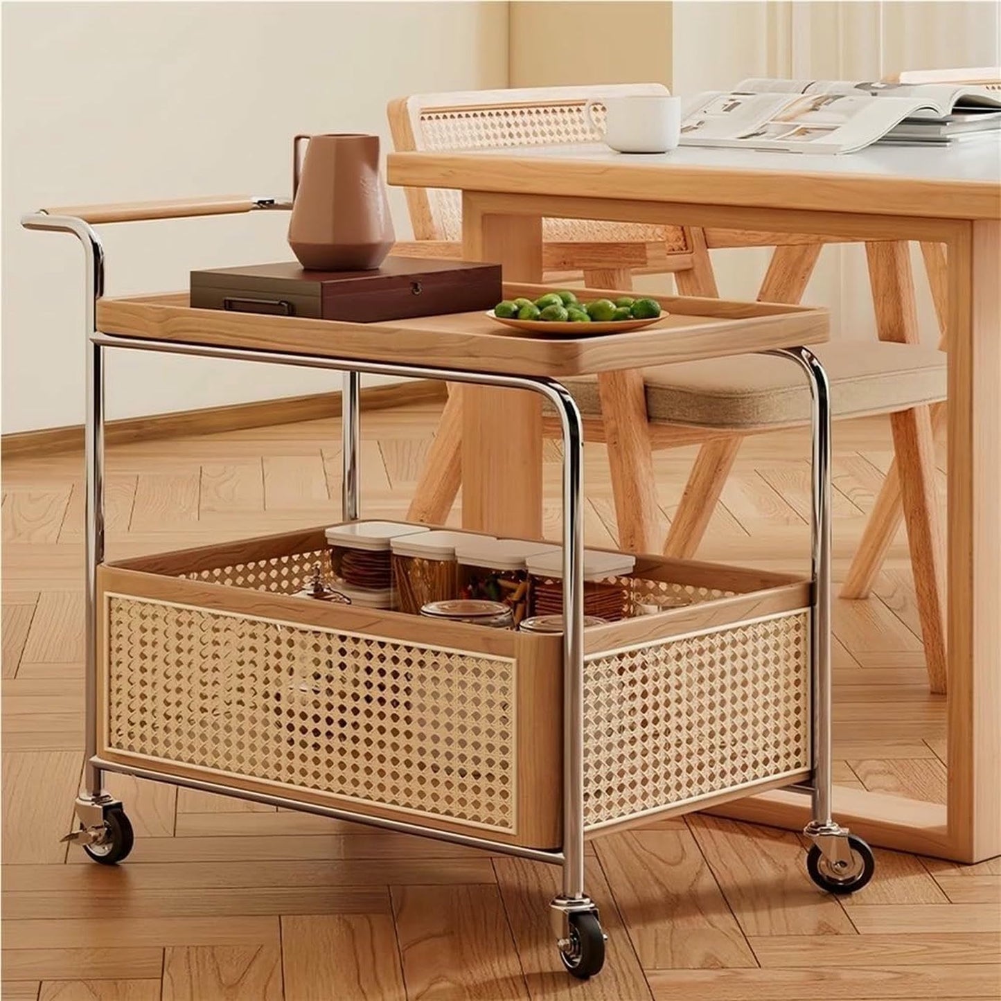 MNJVCFDS Rattan Side Table with Wheels Rolling 2-Layer Coffee Table Storage End Table Rattan Basket Wood Frame for Living Room Bedroom Long Lasting