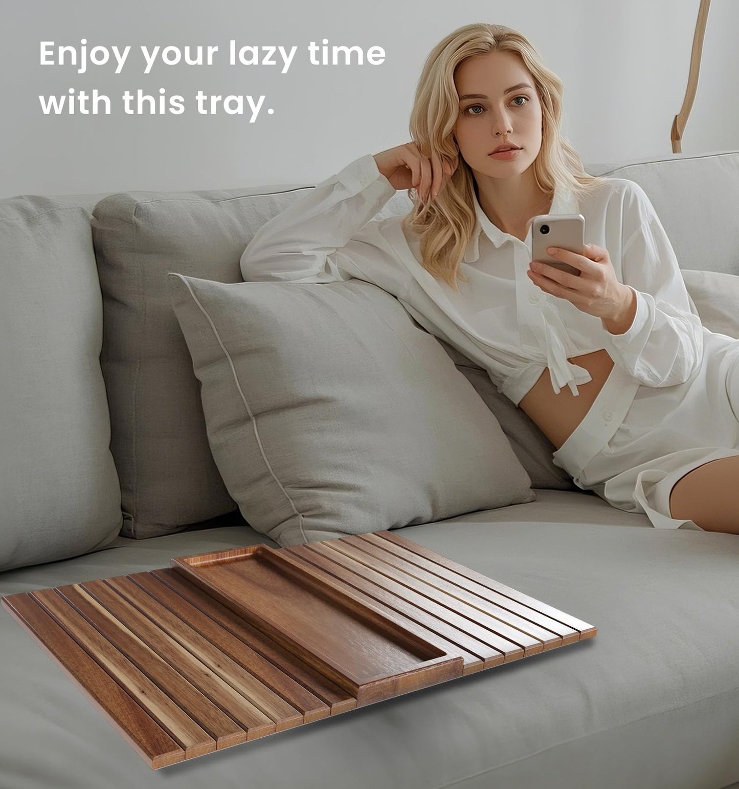 Danfoxer Sofa Arm Tray,Acacia Wood Folding Couch Arm Tray,Sofa Armrest Trays with Anti-Slip Pad for Drinks,Snacks,Phone,Remote Control 2 PC