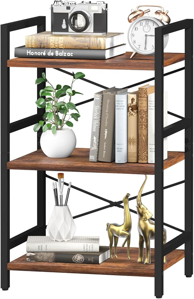 Yoobure Bookshelf Small Book Shelf, Solid Industrial 3 Tier Shelf Bookcase