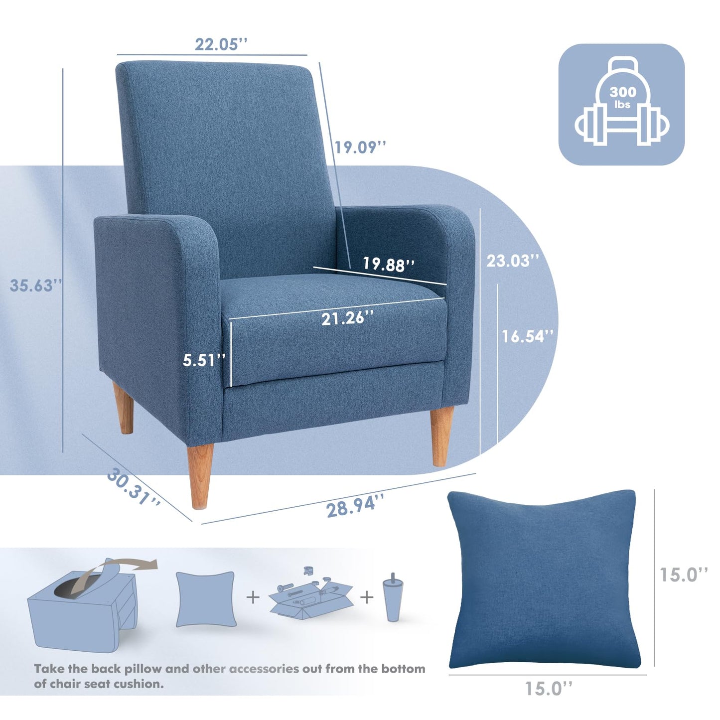 COLAMY Fabric Accent Living Room Chairs Set of 2, Upholstered Arm Chair Reading Side Chair, Single Sofa with Back Pillow and Wood Legs, Blue