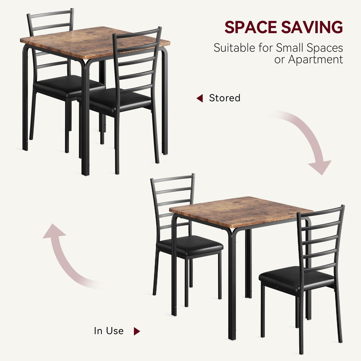 Dining Table for 2, Small Square kitchen Dinner Table Set for 2,Space Saving Wood Modern Dinette With Upholstered,Dining Room Furniture for Breakfast Nook, Apartment,Home Office Small Space,3 Piece