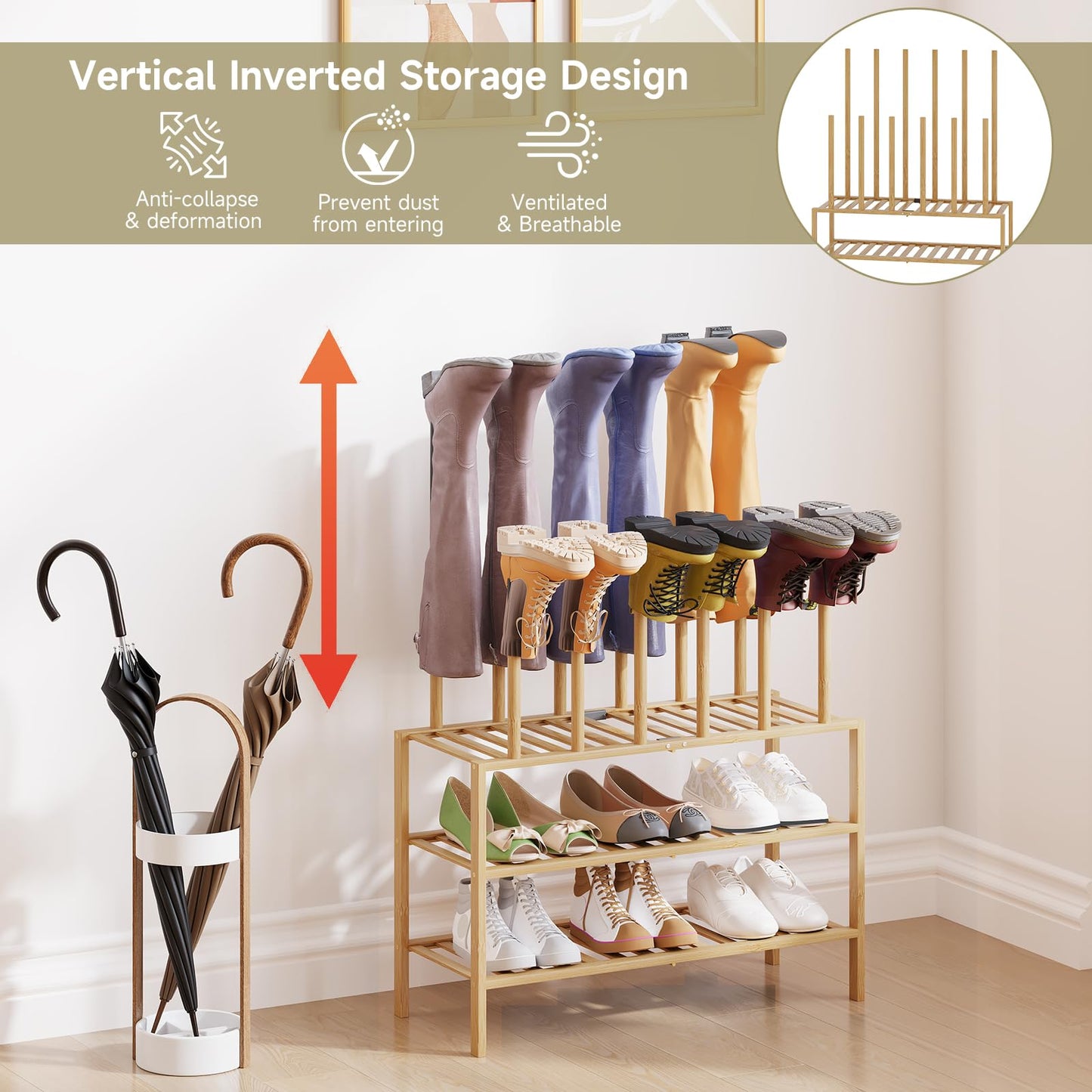 Vellzeyce Boot Rack for Tall Boots Organizer,3-Tier Multiuse Shoe Rack and Boot Storage Rack,for Tall Boots,Sneakers,High-Heel (Natrual, 3-Tier)