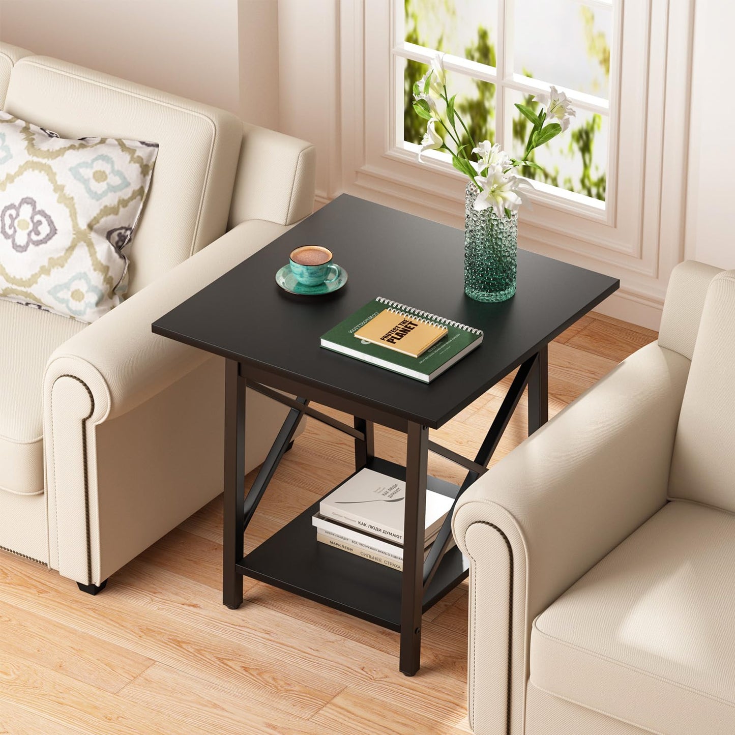 GreenForest Square End Table for Living Room, 24 Inch Large Side Table with X-Frame, Farmhouse Tall Bedside Nightstand with 2-Tier Storage Shelf, Black
