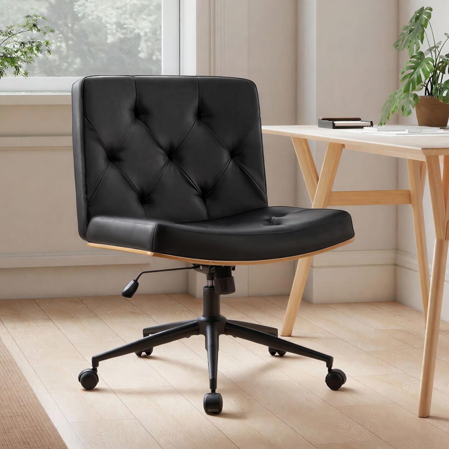 Furnimart Heavy-Duty Curved FSC Wood Desk Chair 360° Swivel, Faux Leather Criss Cross Chair with Wheels Wide Seat, Comfy Armless Cross Legged Sitting for Bedroom, Office, Vanity (PU Black)