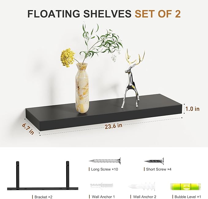 Bellsal 2-Pack Black Modern Floating Shelves, Living Room, Bathroom Storage