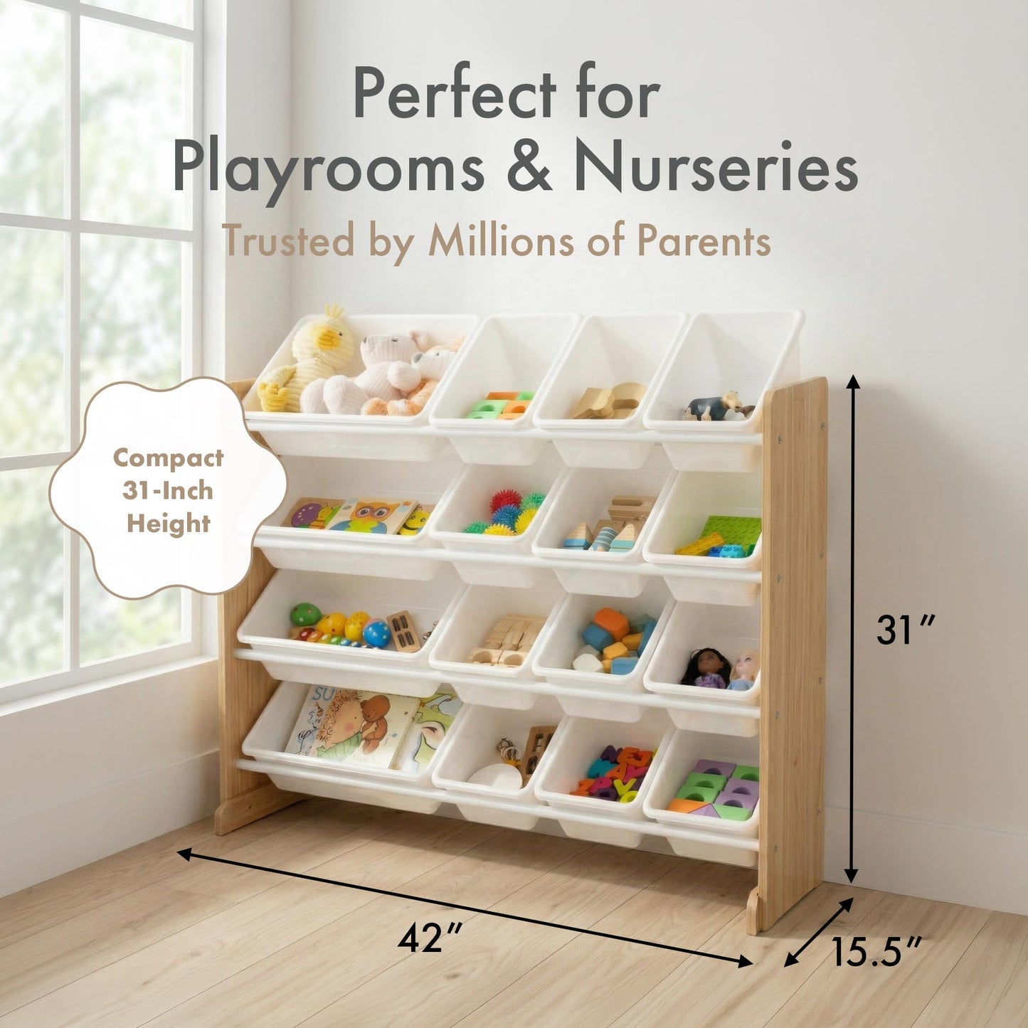 Humble Crew Toy Storage Organizer with 16 Removable Storage Bins for Kids Playroom, 4-Tier Toddler Toy Organization and Storage, Natural Wood/White