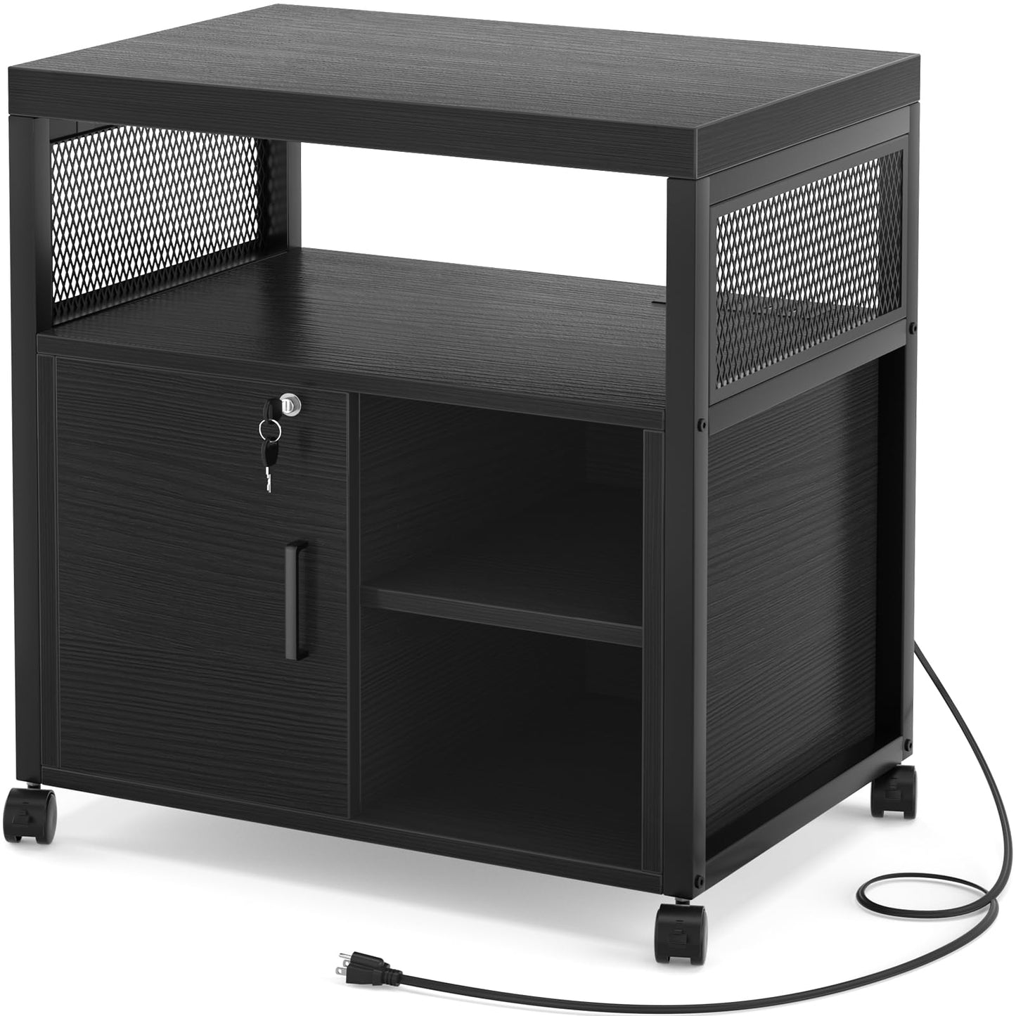 Unikito Lateral File Cabinet, Locking Office Printer Stand with Sockets and USB Charging Ports, Modern Rolling Printer Desk with Storage for A4, Letter Size and File Folders, Black