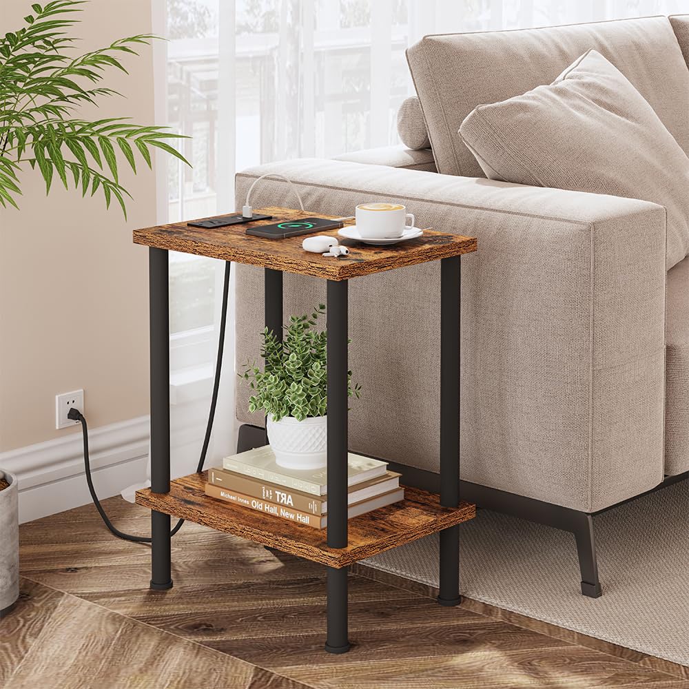 VIMBER Side Table with Charging Station, Set of 2 End Tables with USB Port and Outlets, Nightstands with 2-Tier Storage Shelves and Metal Legs, Sofa Table for Small Space, Living Room, Bedroom