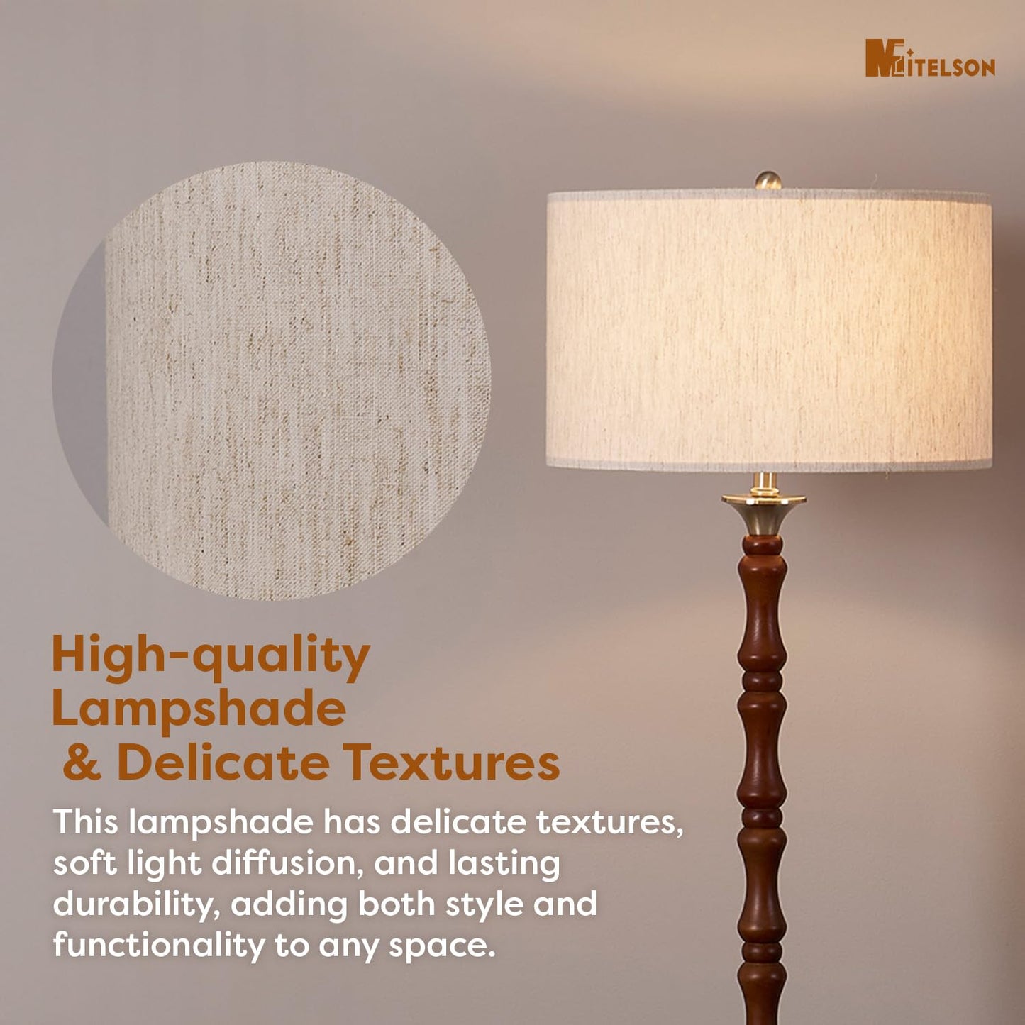 MITELSON Mid Century Floor Lamp with Linen Drum Shade - Dimmable Tall Standing Lamp, Rustic Wooden Retro Lamp for Living Room Bedroom Office Corner, Walnut Brown, Adjustable Stepless Dimming