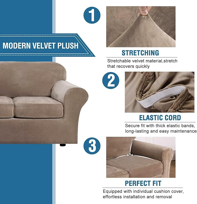 H.VERSAILTEX Modern Velvet Plush 4 Piece High Stretch Sofa Slipcover Strap Sofa