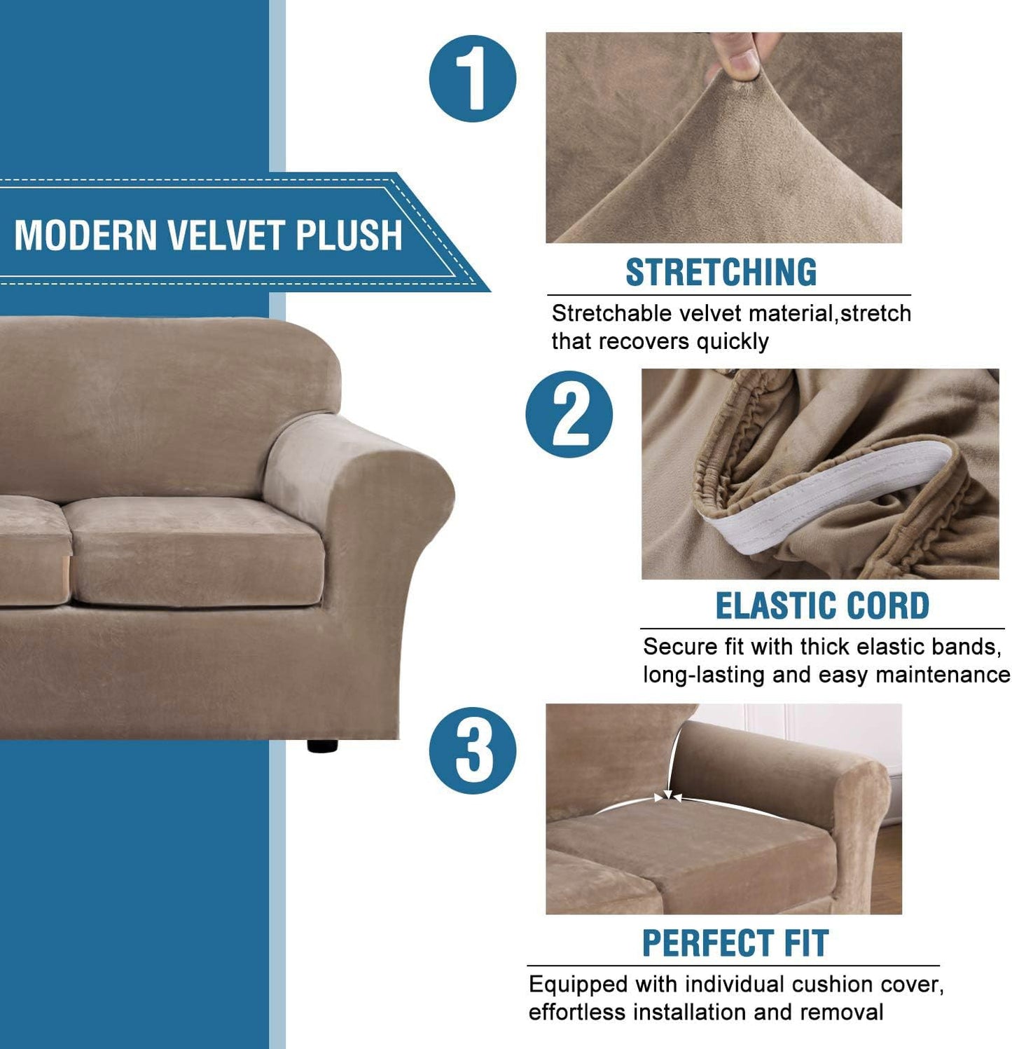 H.VERSAILTEX Real Velvet Plush 3 Piece Stretch Sofa Covers Couch Covers for 2 Cushion Couch Loveseat Covers Width Up to 72 Inch Feature Thick Soft Stay in Place (Medium Sofa, Camel)