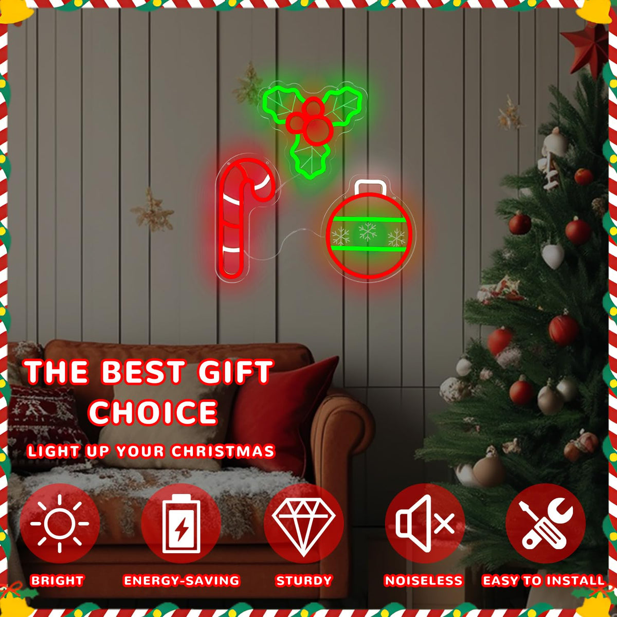 hhuohuona Christmas Neon Sign 3-Piece Dimmable Lighted Holly Berry Christmas Ball Candy Cane Led Sign Xmas Window Lights Holiday Party Light Up Signs for Wall Decor