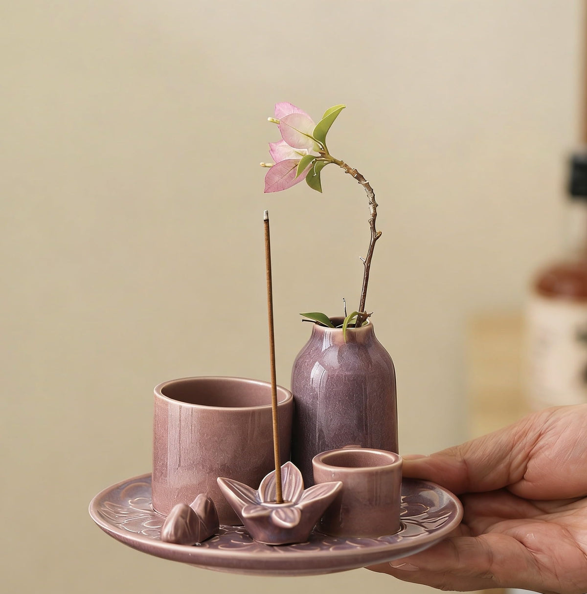 Purple Incense Holder for Sticks, 5.1 Inch Ceramic Incense Holder with Ash Catcher – 4 in 1 Smudge Bowl for Sage and Palo Santo, Reiki Supplies for Meditation Yoga Home Decor