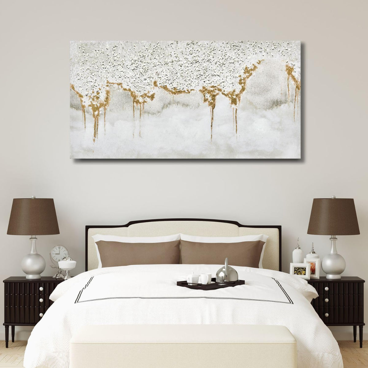 TRAIN2 ART Textured Abstract Glitter Artwork Canvas Wall Art, White Acrylic Painting and Gold Foil Oil Painting Wall Art on Canvas for Living Room Decor Gold and Gray (Gold, 24X48inch)