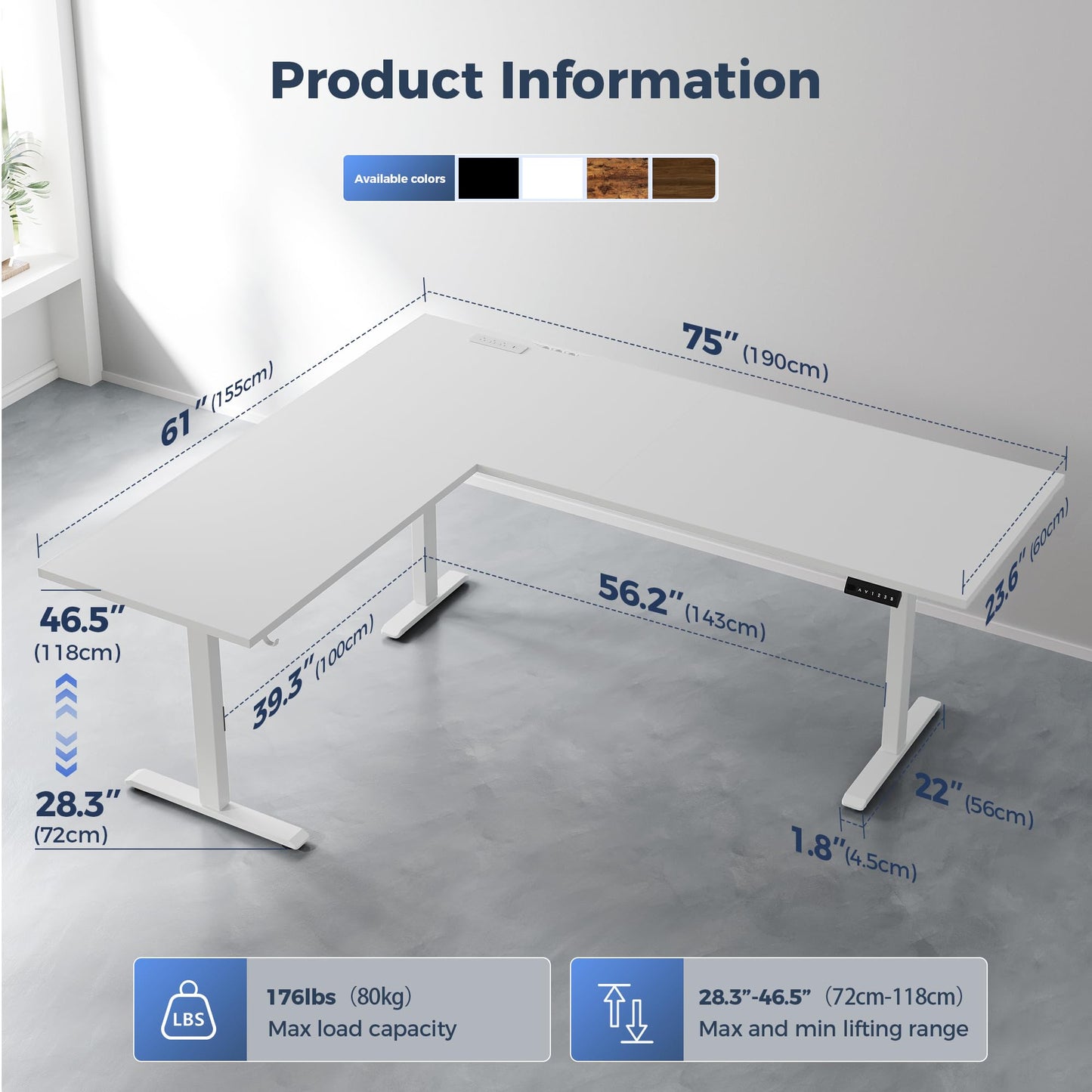 Klicelor L Shaped Standing Desk 75 x 61 Inch,Electric Height Adjustable Corner Desk with Cable Management & Power Outlets, Ergonomic Sit Stand Up Computer Table for Home Office,White