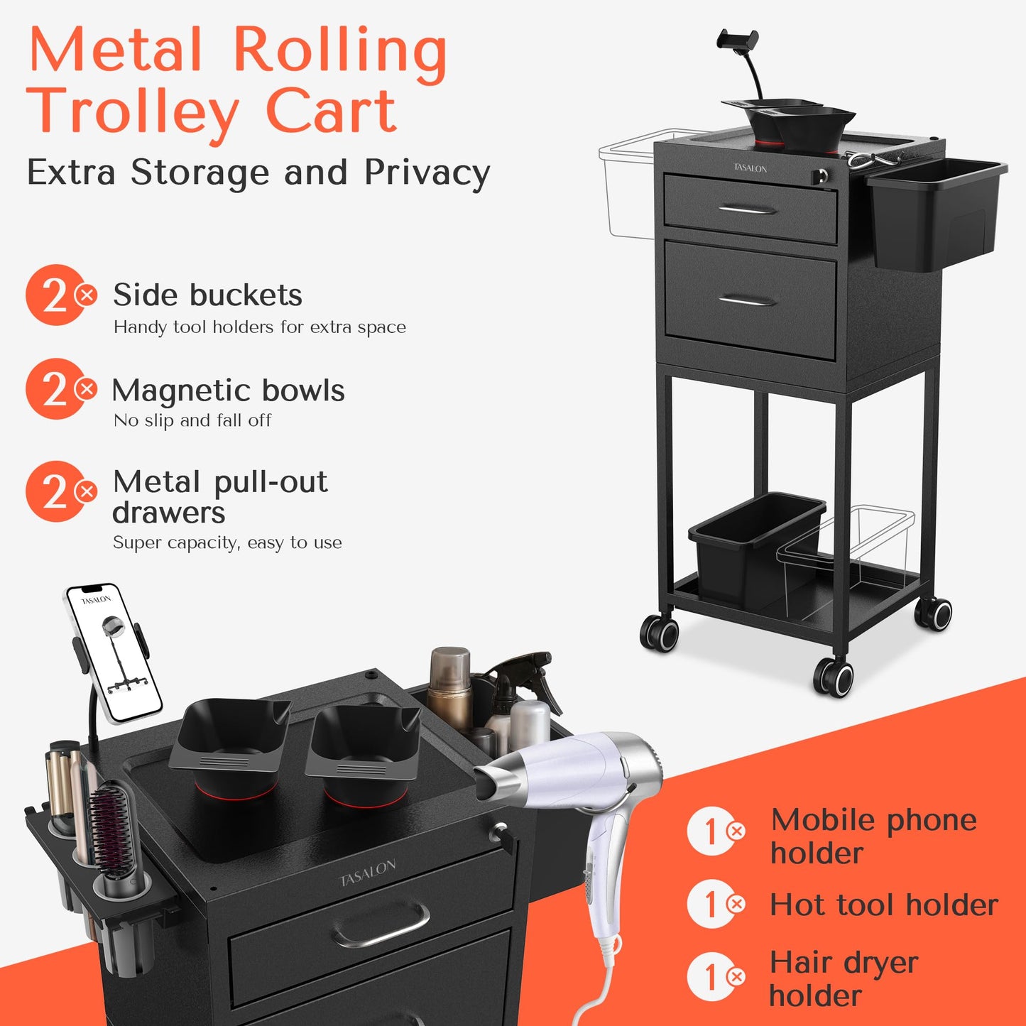 TASALON Metal Lockable Salon Cart with Wheels, 2 Magnetic Bowls & Drawers, Rolling Barber Trolley, Mobile Storage Cart with Drawers for Hair Stylist, Beauty Salon & Barber Shop