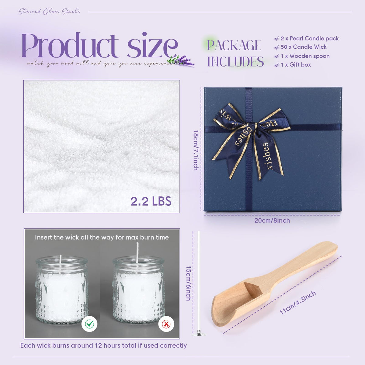 MTLEE Pearled Candle 2.2 Lb/35oz Mother's Day Mom Gifts Scented Sand Candle Kit Include 50 Wicks, Bow Gift Box, Spoon Reusable Pearled Wax for DIY Home Kit(Lavender)