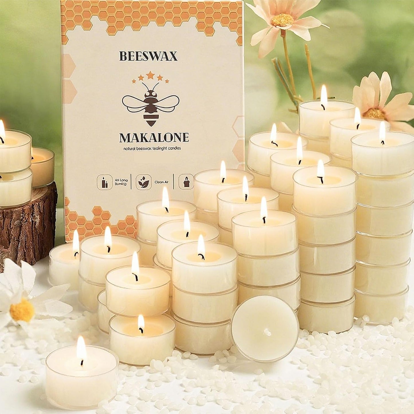 36Pcs White Beeswax Tea Light Candles-4 Hour Burn Time,100% Pure Natural Beeswax-Clean Burning & Air Purifying, Smokeless Bulk Tea Lights for Spa,Meditation,Wedding & Home Decor