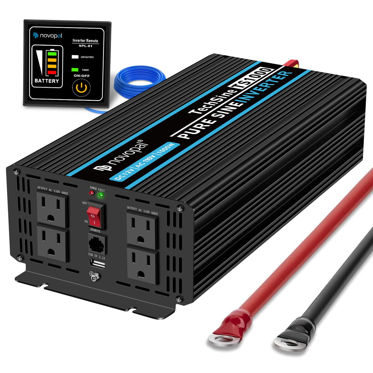 NOVOPAL 1000W Pure Sine Wave Power Inverter 1000 Watt 12V DC to 110V 120V AC,4 AC Outlets, 1 x USB Ports for Off-Grid Solar Car RV Truck Boat with 16FT Wired Remote
