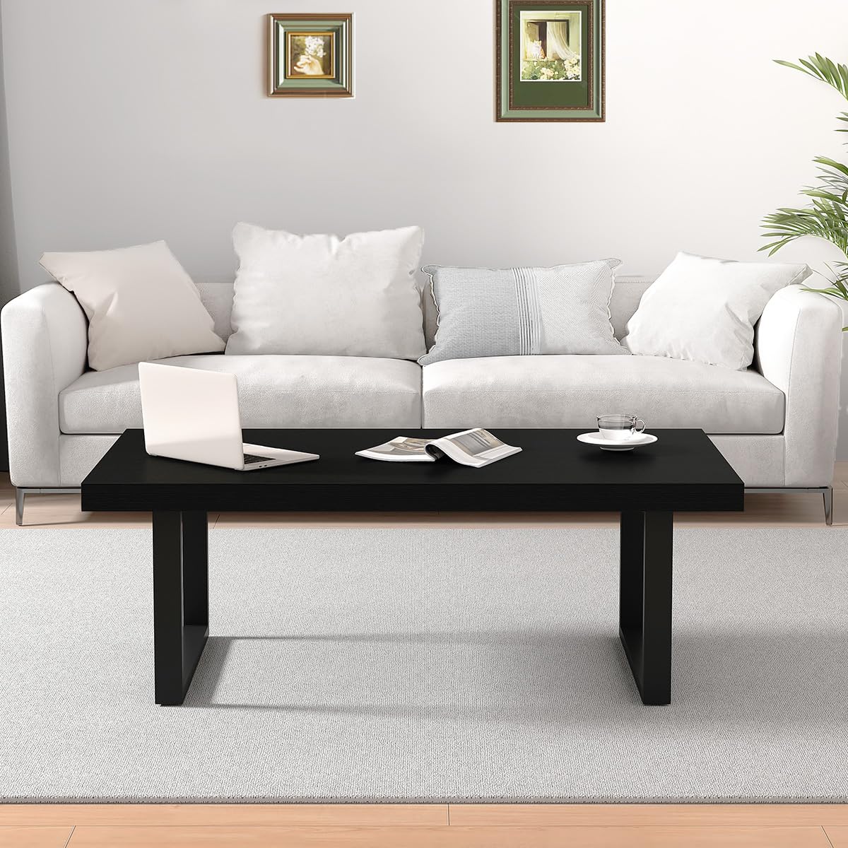 IBF Black Coffee Table, Minimalist Industrial Wooden Center Table, Modern Simple Rectangle Living Room Table, Farmhouse Wood and Metal Cocktail Coffee Table for Home Bedroom Office, Black Oak, 39 inch