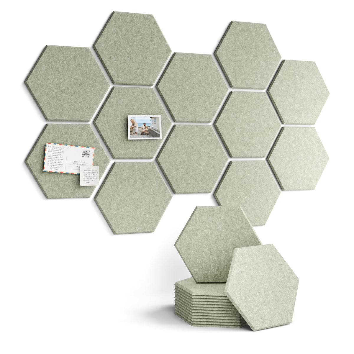 Fluxynara Hexagon Cork Board Alternative for Walls Decor-12-Pack Felt Bulletin Board Tiles,with 30 Pushpins,70 Adhesive Tabs for Office,Classrooms & Home Pin Board Felt Board-Sage