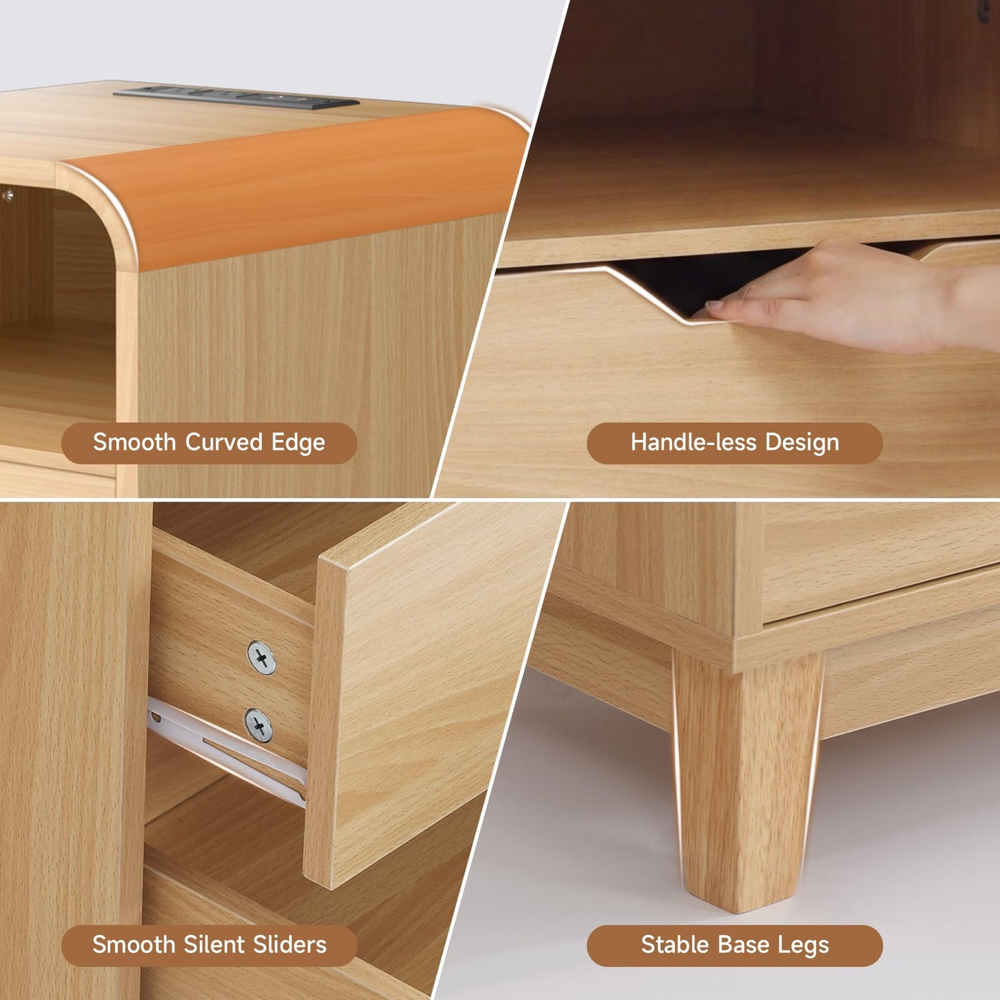 Nightstand with Charging Station, Modern Night Stand with LED Light, 15.7" Wide Wood Bed Side Table Bedroom, Small Bedside Table, Curved End Table with 2 Drawers| Natural Wood, 1 Pack