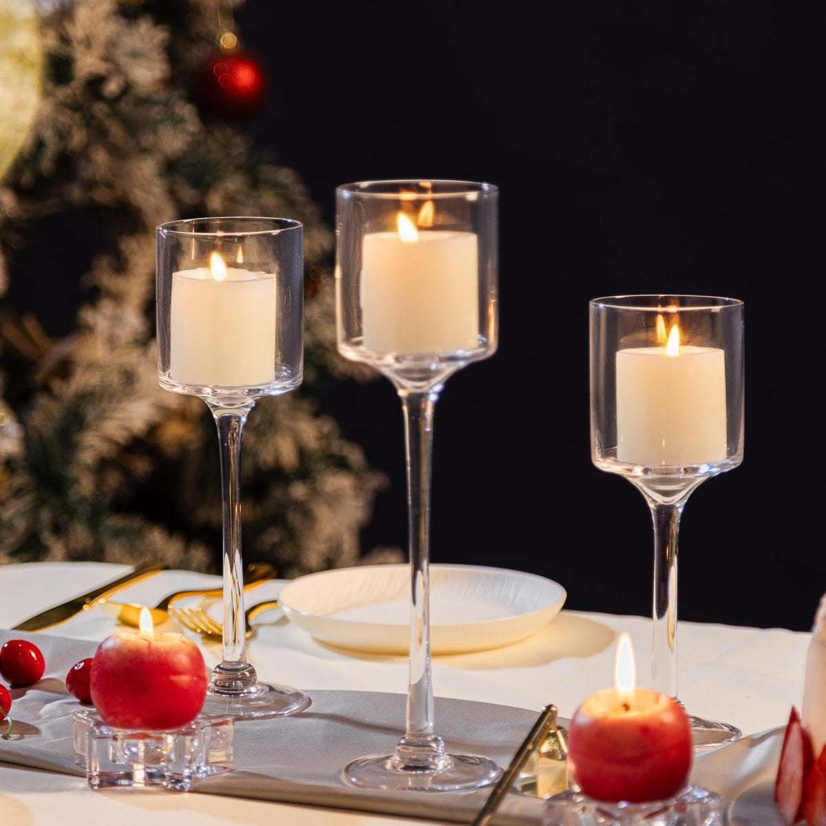 Glass Candleholders Tea Light Candle Holders Clear Wedding Weddings Hurricane Tall Elegant Ideal for Dining Party Home Decor Parties Table Settings Gifts Different Sizes (1 Set Small Clear)