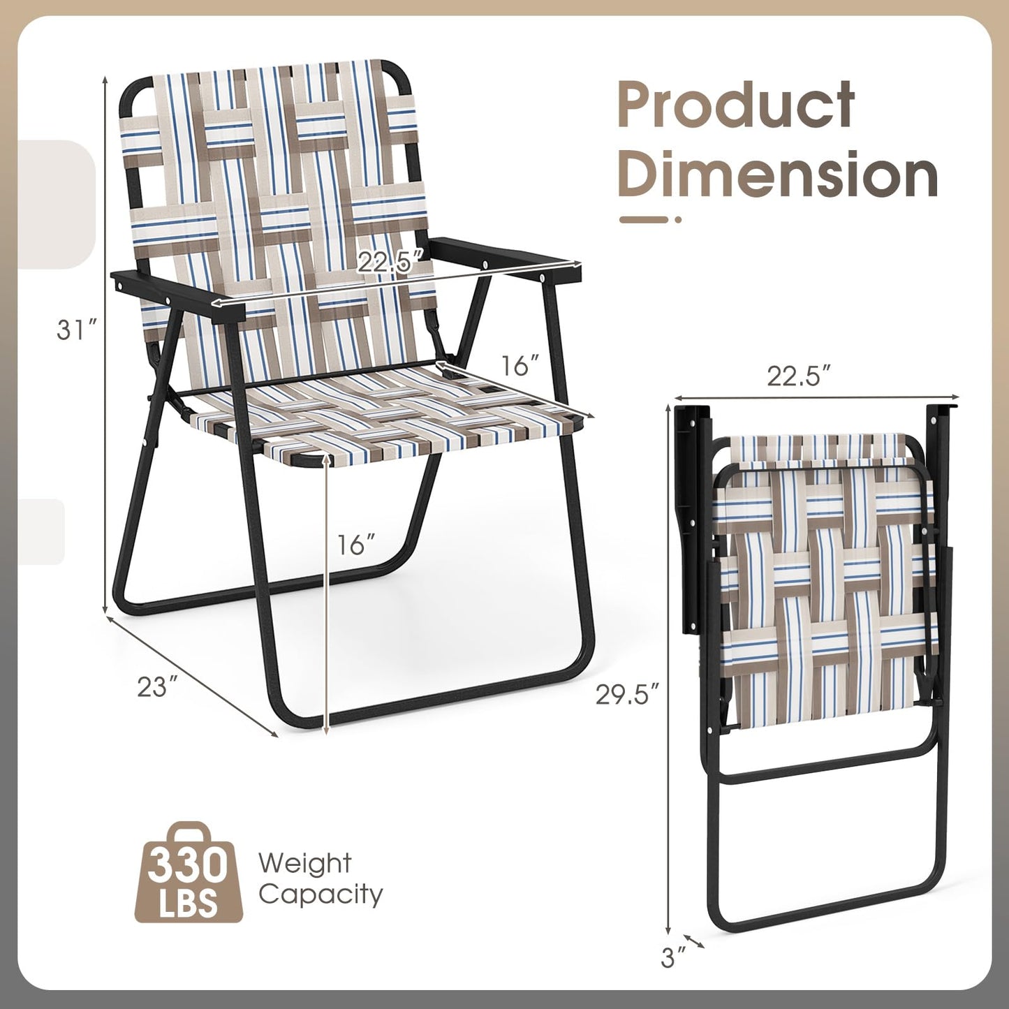 Giantex Beach Chairs for Adults 6-Pack - Camping Chair with Steel Frame, Set of 6 Lightweight Folding Directors Chairs, Outdoor Webbing Chair for Patio, Fishing, Yard, Poolside Lawn (Khaki)