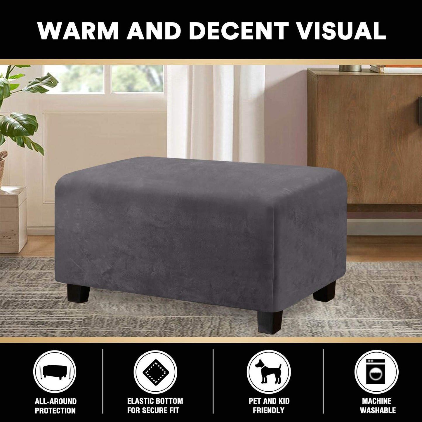 PrinceDeco Real Velvet Plush Ottoman Cover Soft Rectangle Folding Storage Covers Furniture Protector Removable Footstool Protect Footrest Covers Elastic Bottom(X-Large, Grey)