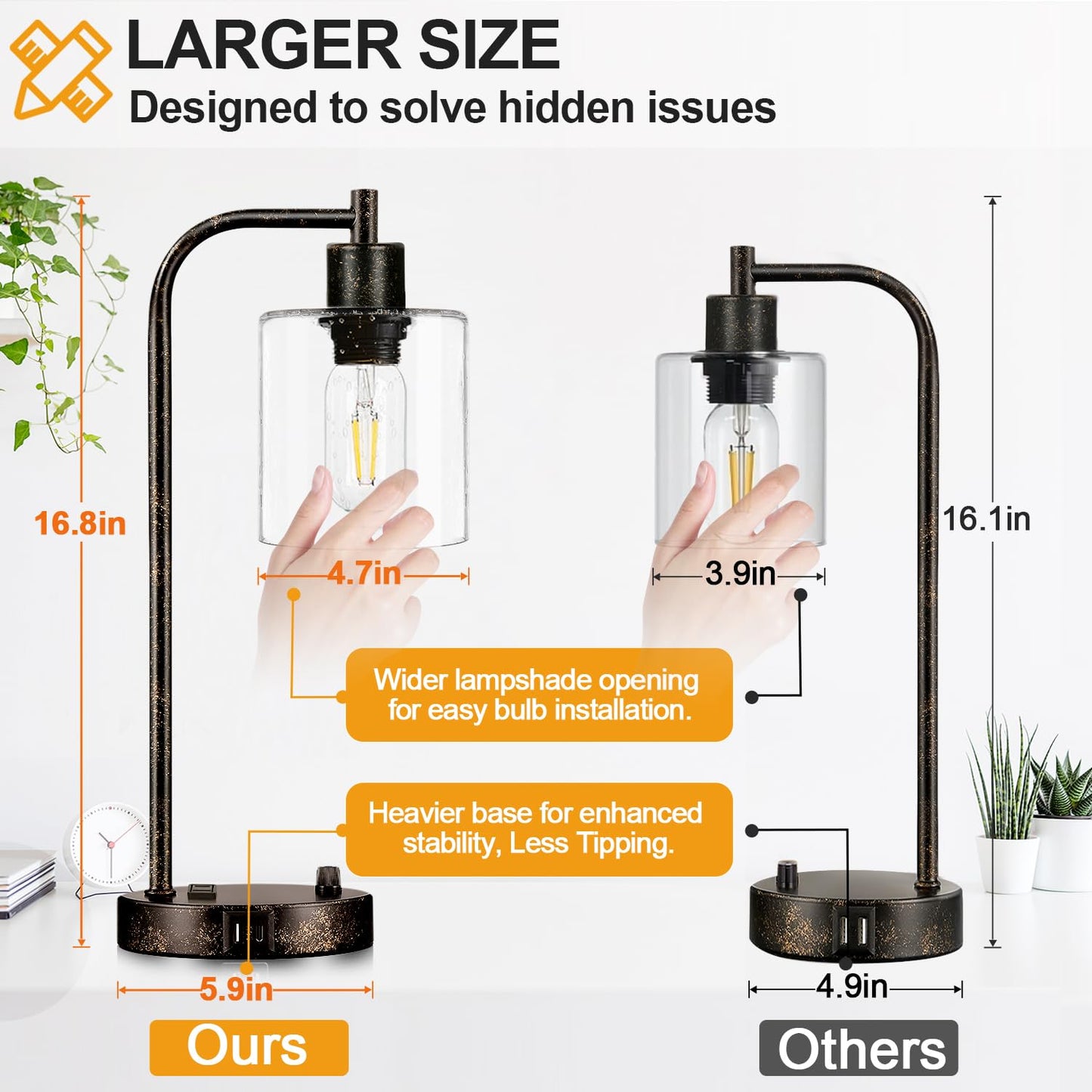 Set of 2 Industrial Table Lamps with USB Port, Rustic Black Fully Stepless Dimmable Bedside Lamps for bedrooms, Nightstand Desk Lamps with Clear Glass Shade for Reading Living Room Office 2 LED Bulb