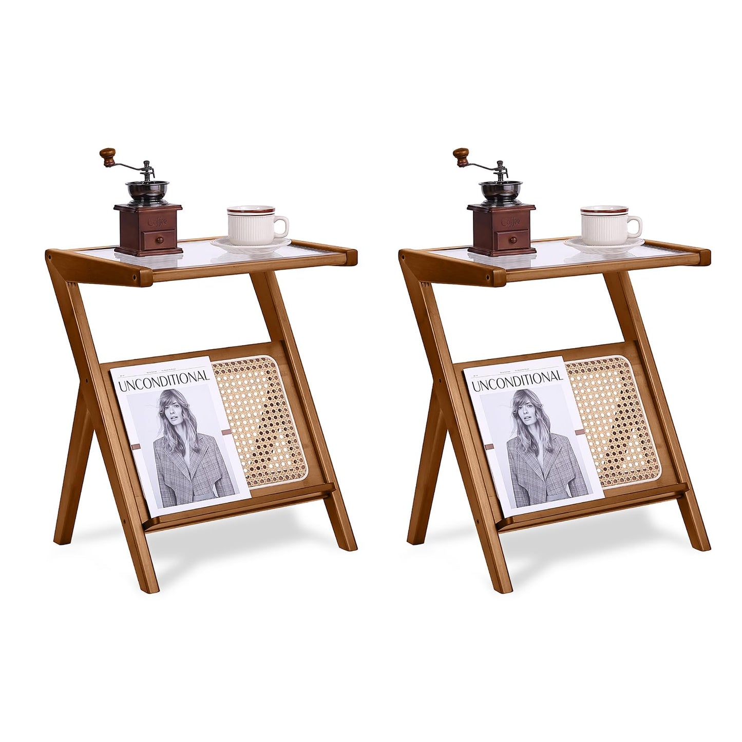 Tiita 2 Pack Rattan Side Table, Mid Century Nightstand, Bamboo Accent Bedside Tables, Glass Coffee Tables, Boho Wooden End Table with Storage for Small Space, Living Room and Bedroom