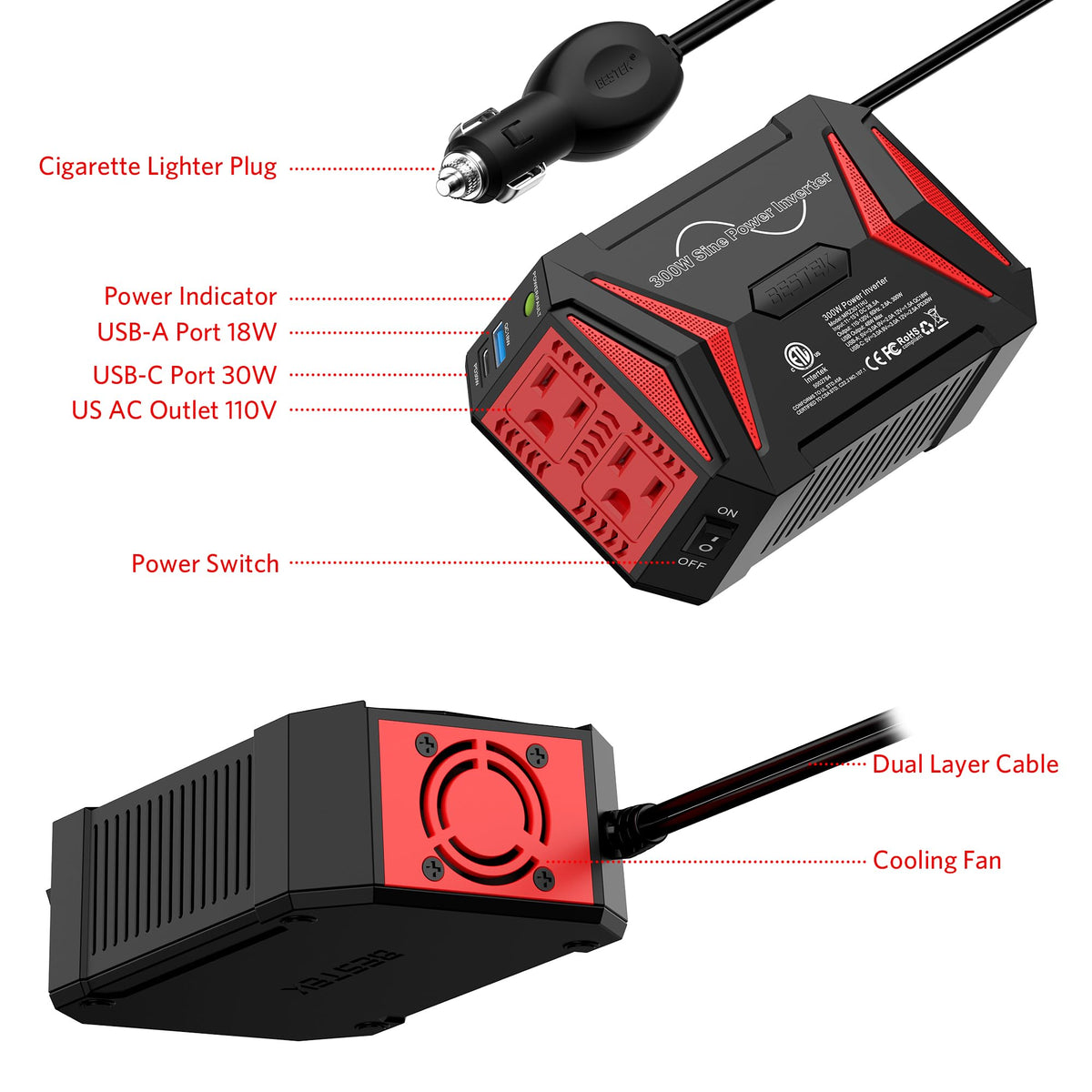 BESTEK 300W Pure Sine Wave Power Inverter - DC 12V to 110V AC Car Converter Plug Adapter Outlet with PD30W USB-C Fast Charger, Vehicle Cigarette Lighter Adapter for Laptop