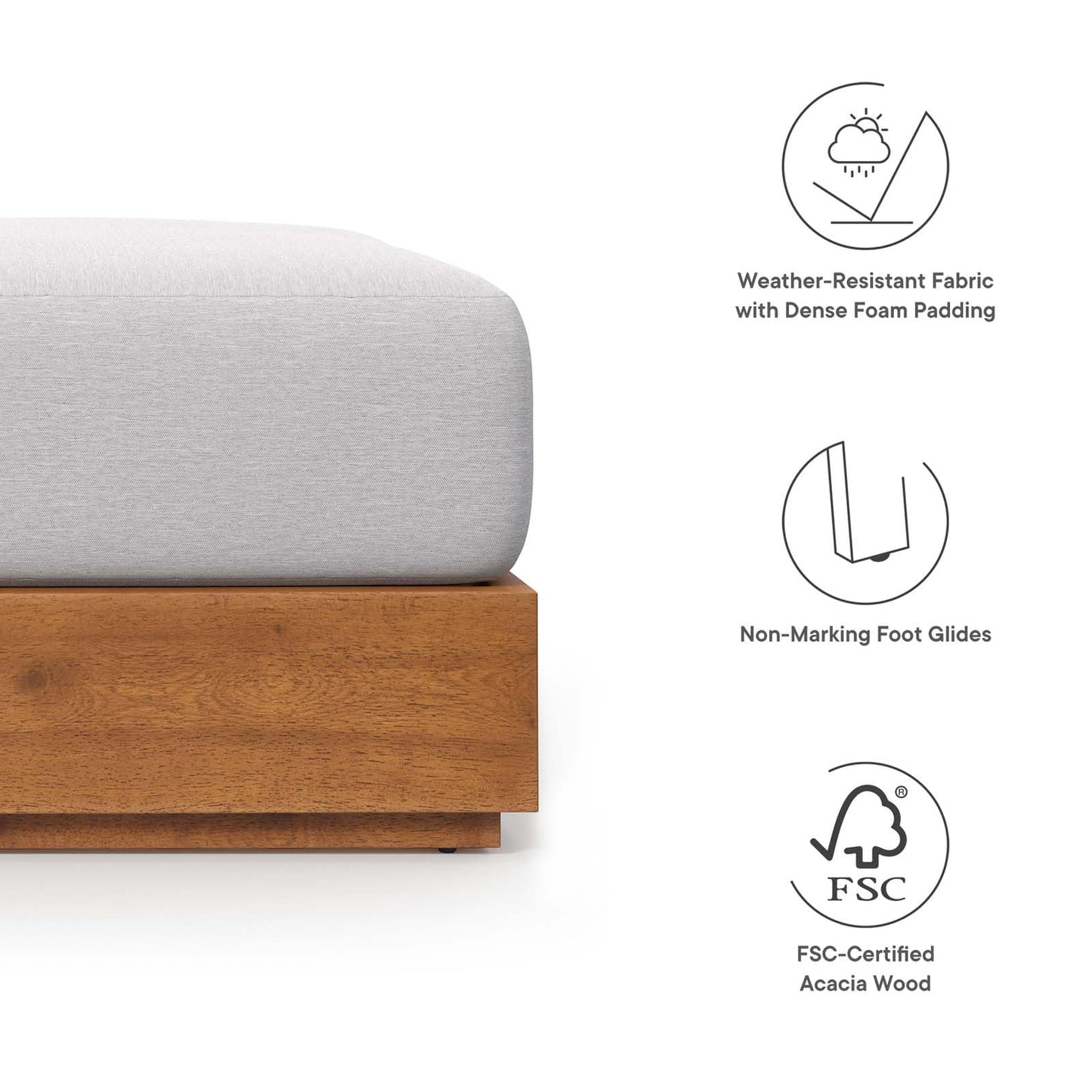 Modway Tahoe Acacia Wood Outdoor Ottoman in Natural Light Gray with Weather-Resistant Cushion - Ideal as Outdoor Footstool or Sunroom Furniture Accessory