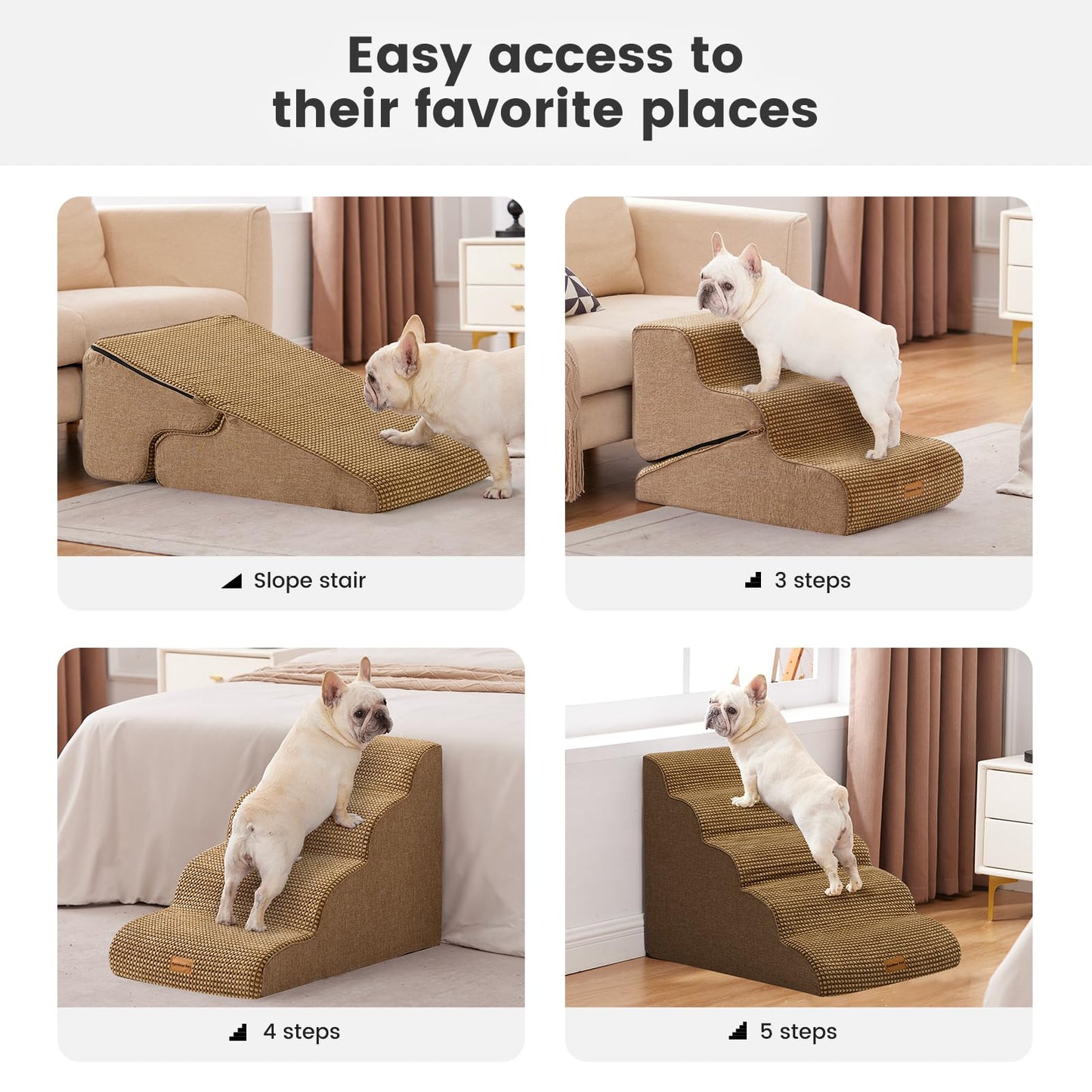 Gardner Pet Dog Stairs for Small Dogs 19.7" H, 4-Step Brown Curved Pet Stairs, Dog Steps for High Bed (18-24 in), Couch with Durable Non-Slip Waterproof Fabric Cover and CertiPUR-US Certified Foam