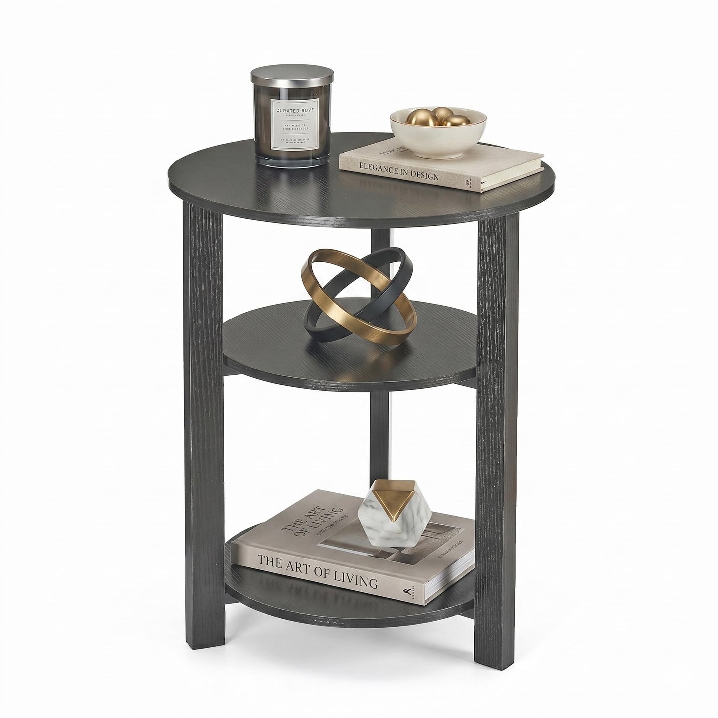 Farmhouse 3-Tier Round Side Table,17.7*21.7inch End Table with Open Storage,Modern Couch Accent Table Circular Nightatand for Living Room,Bedroom,Office,Wooden Table for Narrow and Small Spaces,Black