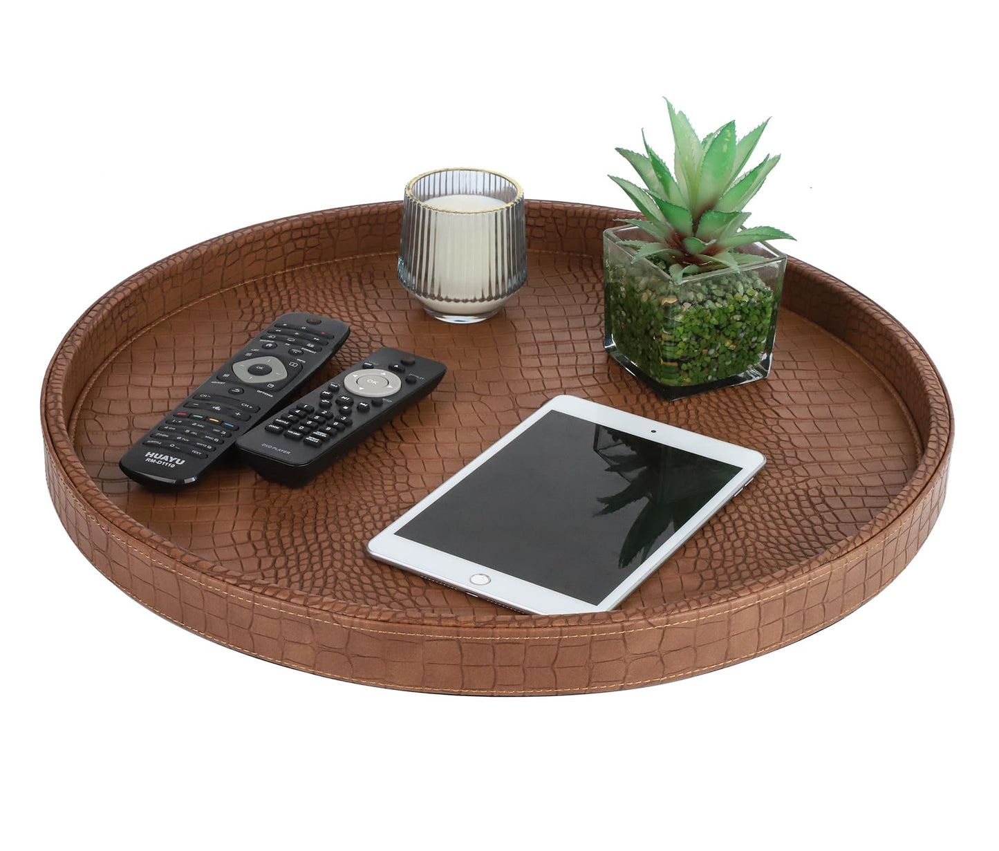 HofferRuffer Round Serving Tray 20'', Elegant Faux Leather Circle Ottoman Table Tray, Serve Tea Coffee Breakfast in Bedroom Living Room Kitchen (Brown)