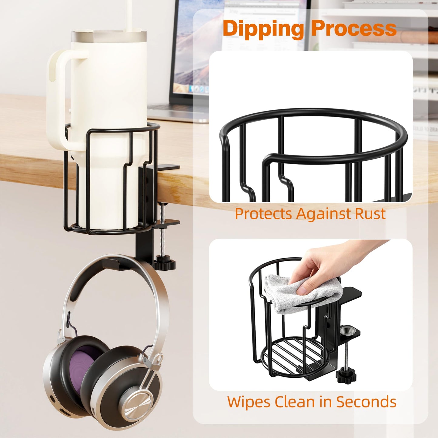 Large Desk Cup Holder, 2-in-1 Clip On Cup Holder with Headphone Hook, Heavy-Duty Metal Drink Holder for Insulated Tumblers, Big Water Bottles, Fits Office Desk Organizer, Dorm, Gaming Setup (1 Pack)